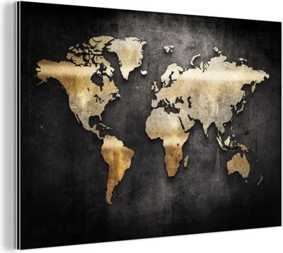 Produktbild von MuchoWow Wanddekoration Metall Metallbild Wandkunst 150x100 cm Weltkarte - Gold - Schwarz MuchoWow Aluminium Gemälde - Alu Dibond Bild