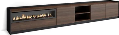Produktbild von TV-Schrank, Lowboard, 310x37x50cm, Für TV-Geräte bis zu 80", Elektrokamin., Dunkler Eiche und Schwarz