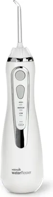 A white Waterpik water flosser is shown against a white background.