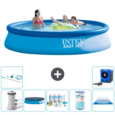 Produktbild von Intex runder aufblasbarer Easy Set-Schwimmpool – 396 x 84 cm – Blau – inklusive Pumpe Abdeckung - Wartungspaket - Filter - Bodenplane - Reinigungskit - Wärmepumpe