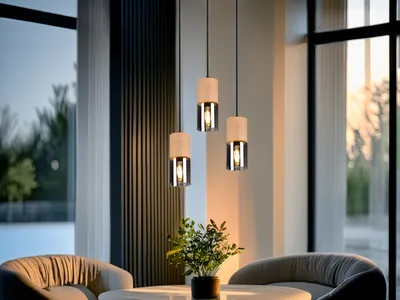 Produktbild von Pendelleuchte 3-flammig, Rauchglas & Holz über Esstisch & Couchtisch hängend