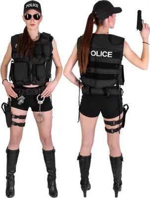 Produktbild von Black Snake® Damen Kostüm SWAT POLICE FBI SECURITY TASK FORCE DEA NYPD SHERIFF | Einsatzweste, Gürtel, Beinholster, Cap, Handschellen - POLICE - M/L