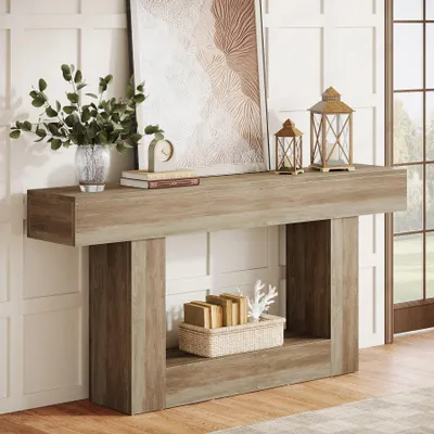 Obrázok produktu pre Konzolový stolík – stolík do predsiene – 160 × 30 × 82 cm – úzky – obdĺžniková drevená doska – podnož v tvare U – svetlosivá