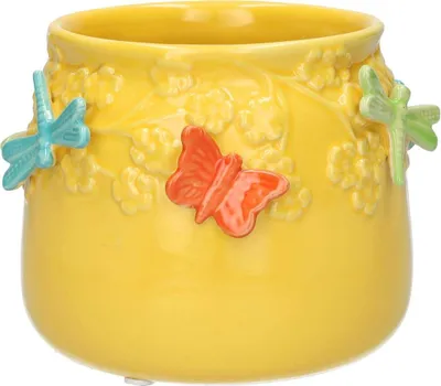 Produktbild von INNA-Glas Pflanzentopf KIMANA aus Keramik, 3D Schmetterlinge Libellen, gelb-orange-blau-grün, 11cm, Ø13,5cm - Keramik Blumentopf