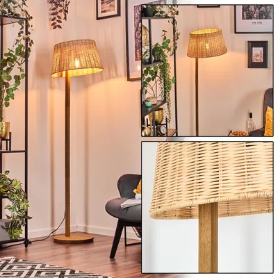 Produktbild von Dello Stehlampe mit Holzfuß und Schirm aus Rattan