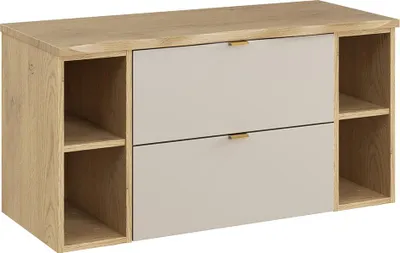 Produktbild von Badezimmer Waschtischunterschrank mit 100 cm Breite in kaschmir & Eiche mit Baumkantenoptik, 2 Schubladen & 4 offene Fächer - DURANGO-56