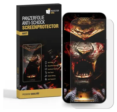 A product shot of a phone screen protector packaging with a phone displaying a graphic.