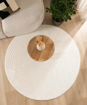 Produktbild von Unyqoos® Skandinavischer Rundteppich Contour Curve – Creme 250, 3D-Optik, weich & pflegeleicht, Polypropylen/Polyester