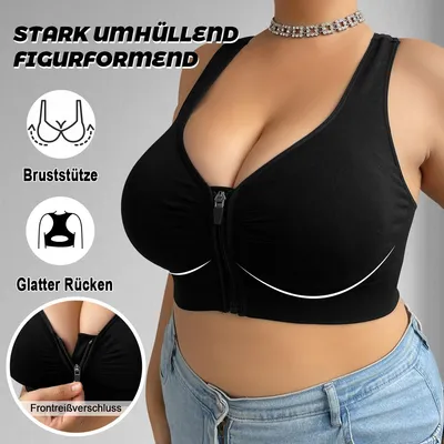 Produktbild von Sport BH in Übergröße Damen Starker Halt mit Reißverschluss Vorne, Nahtlose Gepolstert Running Yoga Sports Bra Ohne Bügel-Schwarz-XXL