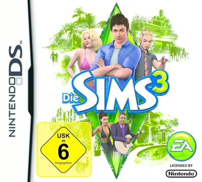 The cover art for the Nintendo DS game 'Die Sims 3', featuring characters and game title.