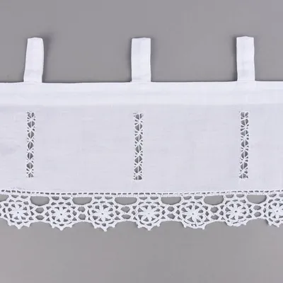 Produktbild von Häkelspitze Häkelgardine Panneaux Meterware mit Schlaufen und Häkelblume weiß 20cm Höhe