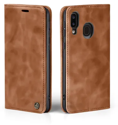 A brown leather flip case for a smartphone is shown from two angles.