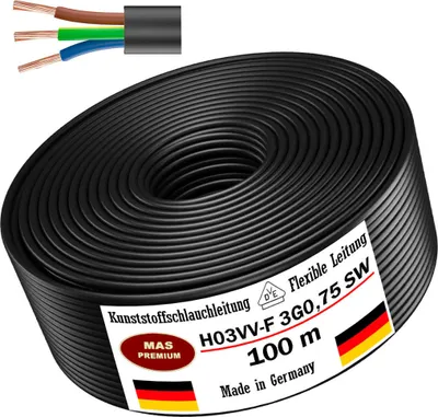 Produktbild von 100m Kunststoffschlauchleitung H03VV-F 3G0,75 Schwarz Leitung Gerätekabel