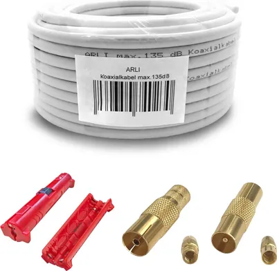 Produktbild von 10m ARLI Koaxialkabel – max. 135 dB 5-fach geschirmt UV-beständig + TV Antennenstecker & Abisoliermesser für DVB-S DVB-T2 4K HDTV