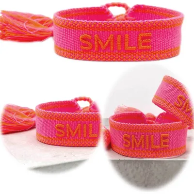 Produktbild von LS-LebenStil Canvas Statement Armband Smile Neon Pink Orange besticktes Stoffarmband gewebt textiles Quasten Spruch Boho Geschenk Freundschaftsarmband