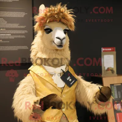 Produktbild von Maskottchenfigur REDBROKOLY eines goldenen Lamas mit Weste und Haarspangen