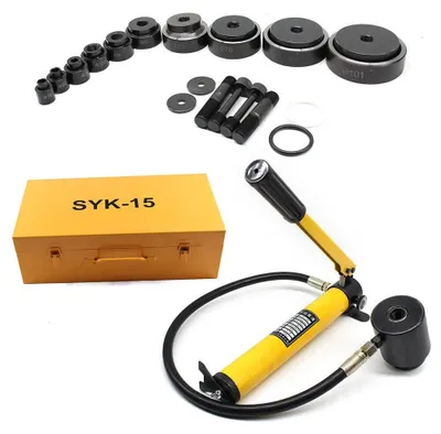Obrázek produktu pro Hydraulický lis s výkonem 15 tun, vybavený různými řezacími nástroji