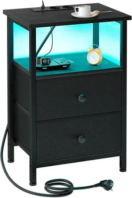Image de Table de chevet avec éclairage LED - Table d'appoint avec station de charge - Rangement pour chambre - Ports de charge intégrés - 40x30x60 cm - Noir