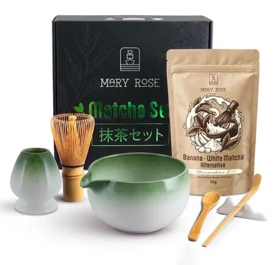 Produktbild von Mary Rose - Geschenkset White Matcha Banane Pulver 50g - 100% Frucht - Grüne Keramik Matchawan Schale Hayashi 420ml - Mit Bambus Chasen Besen