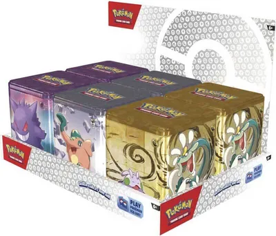 A display box containing multiple Pokemon TCG tins.