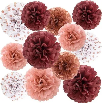 Image de Pompons - Décoration florale - Décoration de fête - Prêts à l'emploi et prédécoupés - 30 cm et 25 cm - Or et rouge