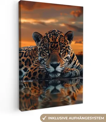 Produktbild von Wanddeko 20x30 cm - Tiere - Natur - Leopard - Sonnenuntergang - Modern, Deko Wohnzimmer, Bilder, Wanddeko