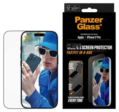 Obrázok produktu pre PanzerGlass ® Screen Protector iPhone 18 Pro | 17 Pro | Ultra-Wide Fit w. Fastfit in-a-box, Apple, Apple - iPhone 17 Pro, Apple - iPhone 18 Pro, Suché aplikovanie, Odolné proti poškriabaniu, Odolný proti nárazom, Priehľadná, 1 kusov