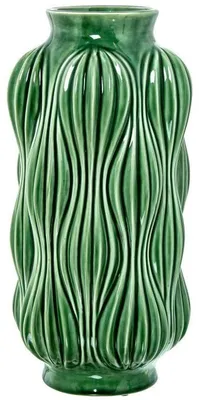 Image de Vase en céramique, design rayé, finition vert brillant, 38 cm