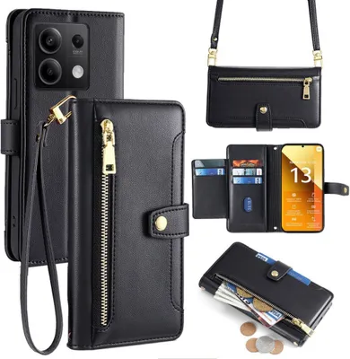 Produktbild von Handykette Xiaomi Hülle mit Band Handyhülle Kartenfächer Kunstleder Umhängetasche Redmi Note 13 5G Schwarz