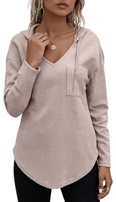 Produktbild von Damen-Sweatshirt mit Kapuze Waffelstruktur V-Ausschnitt Elegant Casual Rosa M