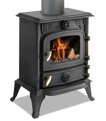 A black cast iron wood-burning stove with a chimney pipe attached, set against a white background.