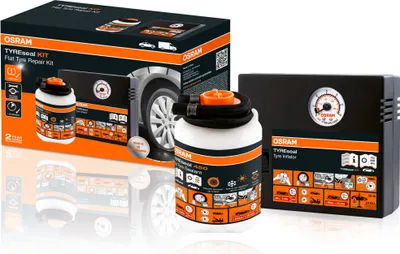 A product shot of an OSRAM TYREseal KIT, including the box, a sealant bottle, and a tire inflator.