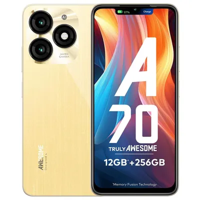 Obrázek produktu pro Smartphone Itel A70, 6,6", 12 GB (4+8) + 256 GB, duální zadní fotoaparát 13 MP, baterie 5000 mAh, dynamický pruh, boční snímač otisků prstů, osmijádrový procesor, barva Brilliant, zlatá
