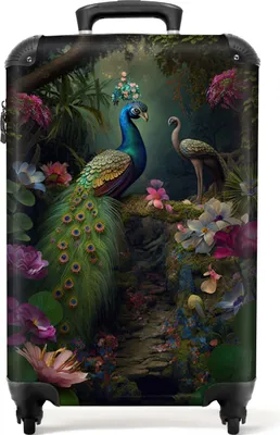 Produktbild von NoBoringSuitcases.com® Koffer Handgepäck Trolley Rollkoffer Kleine Reisekoffer mit 4 Rollen - Pfau - Blumen - Vögel - Dschungel - Cabin Size < 55x40x23 cm & 55x40x20 cm - Fotokoffer - Kabinenkoffer - BoardgepäckHandgepäck Koffer 55x35x20 cm, 36L,