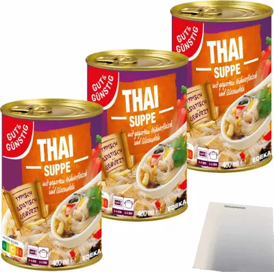 Produktbild von Gut & Günstig Thaisuppe mit feinem Hühnerfleisch und typisch asiatischen Glasnudeln 3er Pack (3x400ml Dose) + usy Block