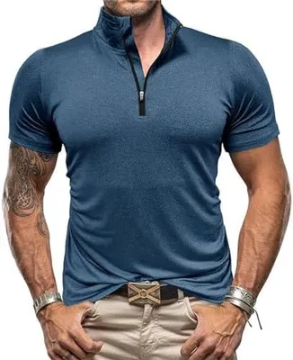 Produktbild von Herren-Poloshirts im Henley-Stil mit kurzen Ärmeln für den Außenbereich, Pullover mit schmaler Passform, T-Shirts für Sport und Muskelshirts, kurzärmeliges Henley-Hemd
