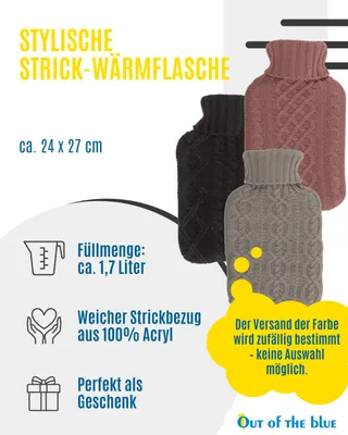 Produktbild von Wärmflasche 1,7L mit Stricküberzug Zopfmuster 100%.Polyacryl, Aufhängehaken