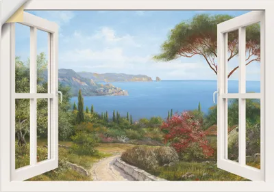 Produktbild von ARTland Wandbild, selbstklebend Fensterblick - Haus am Meer, weiß Größe: 130x90 cm