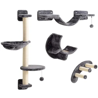 Produktbild von Kletterwand Katzen 4-teilig Katzen Kletterwand Set mit Hängematte, Katzenbrücke bis zu 5 kg, Dunkelgrau