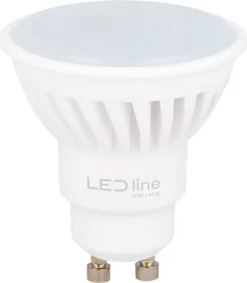A white LED light bulb with a GU10 base.