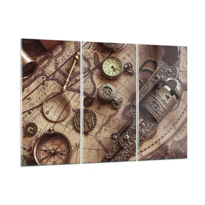 Produktbild von Bilder auf glas - 3 Teile - Kartographie Vintage Kompass - 165x110cm - Glasbilder - Wandbilder - Bilder - Wanddekoration aus Glas - Glas Bilder - Wandbild auf Glas - GCE165x110-4582