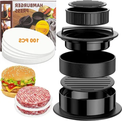 Allecto Premium - Hamburgerpresse | 3-in-1 professionell mit Antihaftbeschichtung und 100 Blatt Hamburgerpapier | Schwarz |