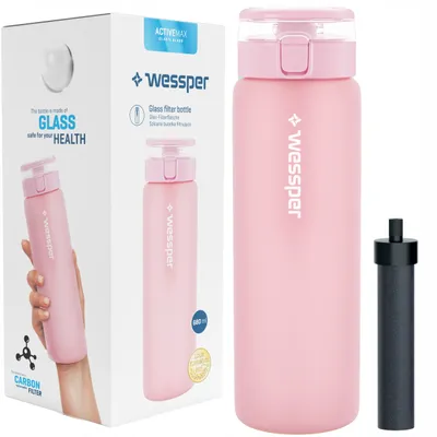 Obrázok produktu pre Fľaša na vodu s filtrom Wessper, fľaša z borosilikátového skla 680 ml, fľaša na vodu bez obsahu Bpa s filtrom na perlivé nápoje | Vonkajšia filtračná fľaša, filter s aktívnym uhlím a slamkou ružová