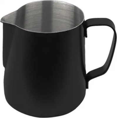 A black milk frothing pitcher on a white background.