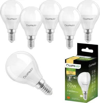 Produktbild von LUMILED LED Lampen E14 P45 8W ersetzt (60W Glühlampe) 6 Stück Set 806lm 3000K warmweiß 180° Lichtwinkel 230V Glühbirne Birne Leuchtmittel Tropfenform Kugel Energiesparlampe