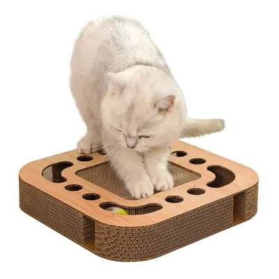 Produktbild von Heikoeco® Interaktives Kratzbrett & Katzenspielzeug mit 2 Glöckchen aus Wellpappe (Quadratisch, holz)