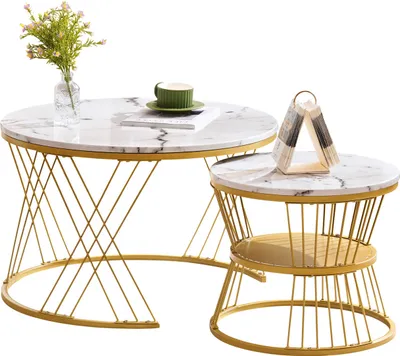 Produktbild von Moderne Nesting Couchtisch, Hochglanz Couchtisch Satz ,Marmor Furnier Sofa Seite Nest von Tischen Runde Endtische, Satz von 2, Goldene Farbe Frame
