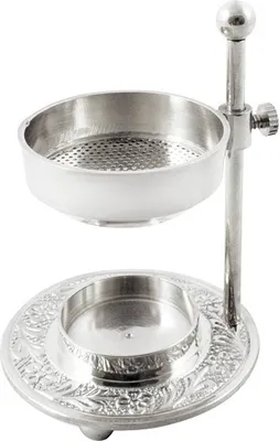 A silver-colored incense burner with a perforated bowl and a base with decorative carvings.