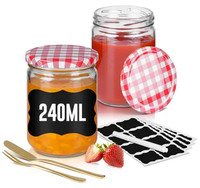 Obrázek produktu pro Sklenice QEENTOE na marmeládu se šroubovacím víkem, sklenice na zavařování, vhodné do myčky, červeno-bílé kostkované víčko, 12 kusů, objem 240 ml