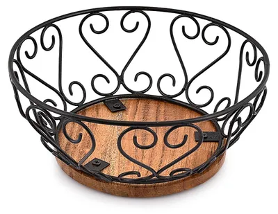 Image de Bol à fruits en fer avec base en bois, idéal pour la cuisine et la salle à manger